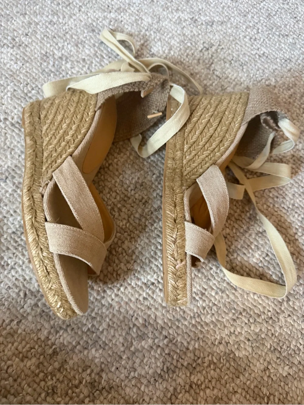 Castaner Natural Canvas Espadrille Wedge Sandals with Ankle Tie